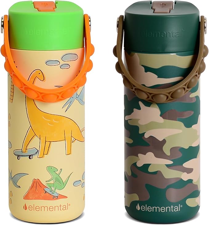 Elemental 100% Leak Proof When Spout is Closed Insulated Kids Water Bottle, Stainless Steel Bottle for School with Straw Lid & Pop-It Handle, Skater Dinos & Green Camo -18oz (2 Pack)