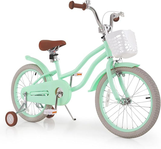 COSTWAY Kids Bike, 12 14 16 18 Inch Toddler Bike Children Bicycle w/Training Wheels, Hand & Coaster Brakes, Adjustable Saddle & Handlebar, Basket, Bell, Kids Bicycle for Girls Boys Aged 3-8 Years Old