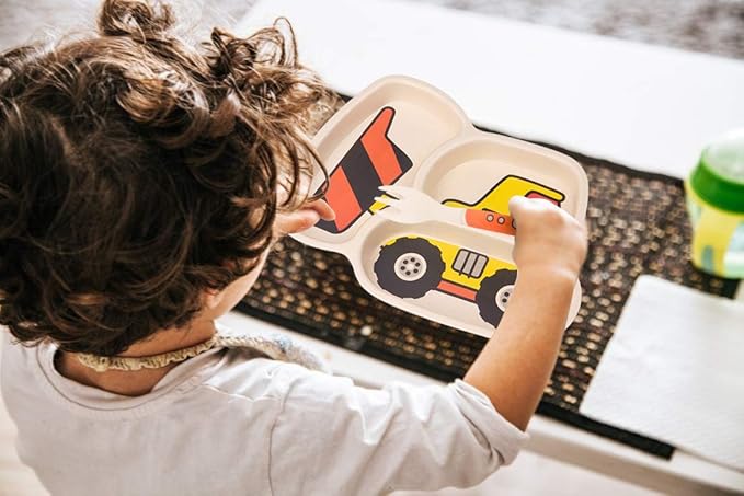 Kid Plate Set Bamboo Toddler Plates Dinnerware Dinner Dish Set Baby Feeding Spill Proof Divided Plate - Baby Spoon and fork 3-Piece Set for Kids and Toddlers Teaches Child Portion Control