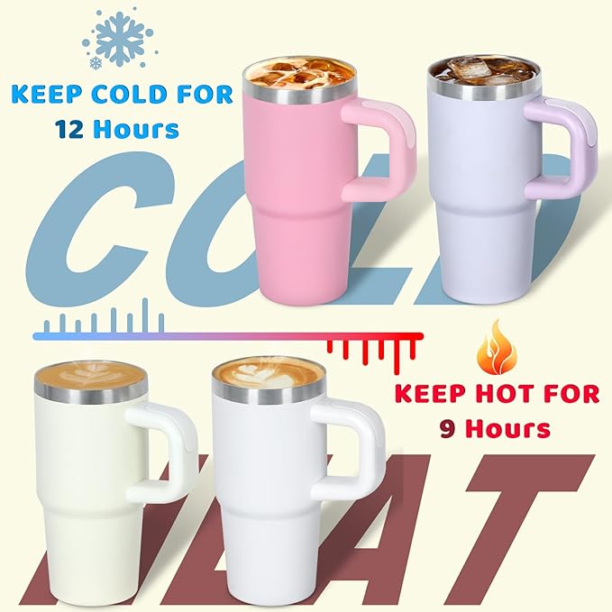 Cosictic 14 Oz Tumbler with Handle and Straw for Kids, Stainless Steel Double Wall Vacuum Insulated Cup for Children, 14 Oz Cups for Kids (Cream)