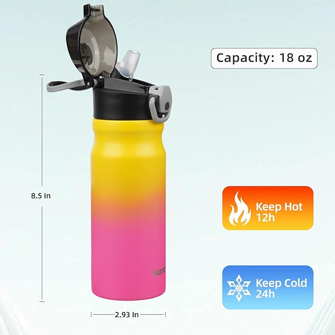 Insulated Water Bottle with Straw and Carry Loop,18 oz Stainless Steel Double Wall Vaccum Metal Water Flask with Leak-proof Lid,Rainbow