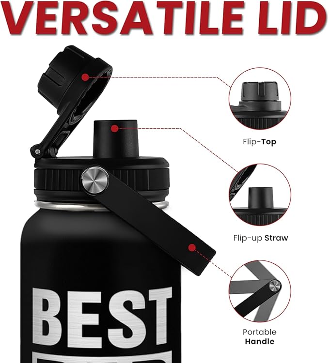 Best Dad Ever Water Bottle 32oz - Stainless Steel Insulated Sports Bottle with Straw Lid, Gifts for Father from Daughter Son