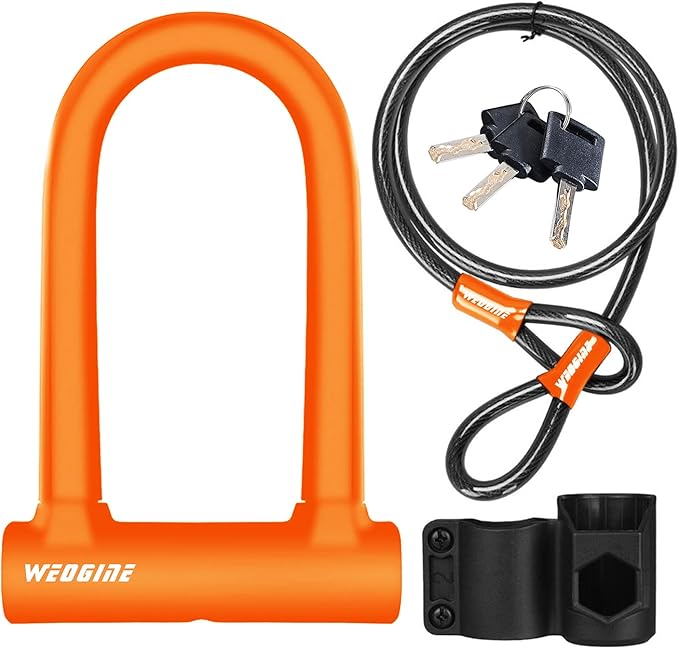 Bike Lock - Heavy Duty Anti Theft Bike U Lock with 5ft Security Steel Cable - 17mm Shackle Bicycle U-Locks with Keys & Sturdy Mounting Bracket for Road, Mountain, Electric Bike