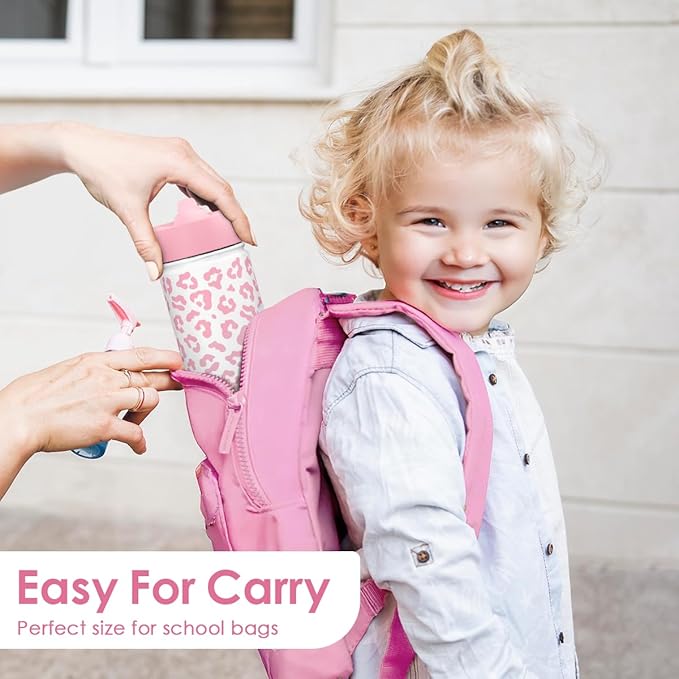 Pink Leopard Print Kids Water Bottle With Straw Lid 12oz Insulated Stainless Steel, Travel Tumbler, Gifts For Girls, Birthday, Christmas, Back To School