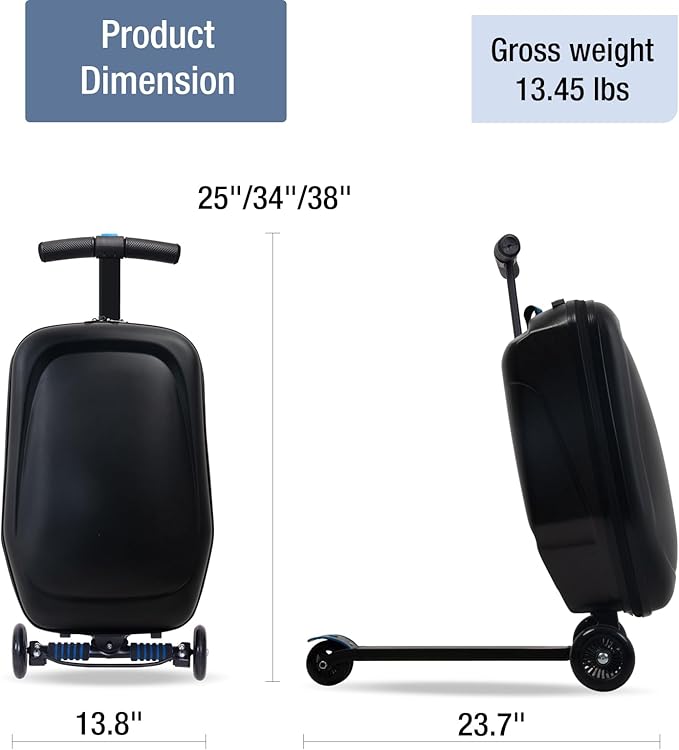 20" Scooter Suitcase for Kids, 2-in-1 Ride On Luggage with Wheels for Boys & Girls Ages 4-15, Foldable Hardshell Carry On Lightweight Travel Suitcase for Airplane