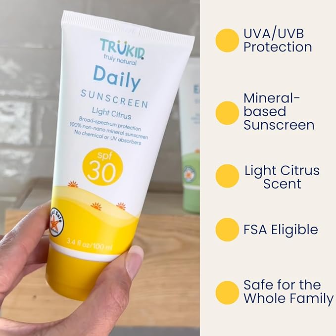 TruKid Daily Mineral Sunscreen SPF 30 - All Natural Kids & Baby Sunscreen for Face & Body, Non-Toxic Zinc Oxide Sunblock Protection for Sensitive Skin, Light Citrus, FSA Eligible, Travel Size 3.4oz