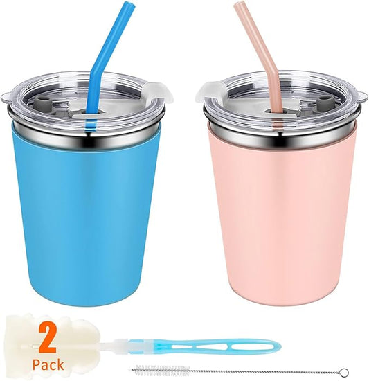 2 Pack Kids Cups with Straws and Lids Leak Proof, 12oz Sippy Cups for Toddlers with Colorful Sleeves, Unbreakable Stainless Steel Water Tumblers (Blue & Peach)