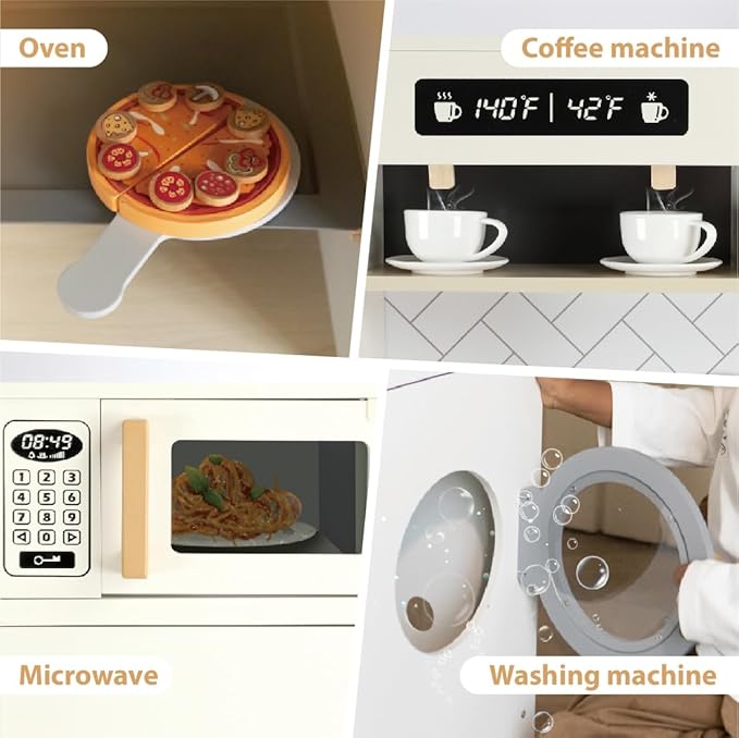 Freniland Wooden Play Kitchen, Kids Kitchen Playset with Real Light & Sound, Realistic Ice Maker,Stove Oven Chef Pretend Toy Kitchen Include 31 Accessories, Gift for Child Ages 3+ Toy Furniture