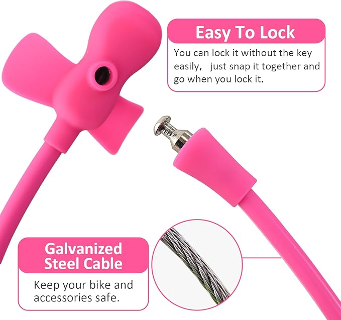 Bike Cable Lock with Keys,Silicone Covered Kids Cable Lock Cartoon Lock,2 Feet Lock for Bike,Door,Skateboard,Helmet and More (Pink, Large)