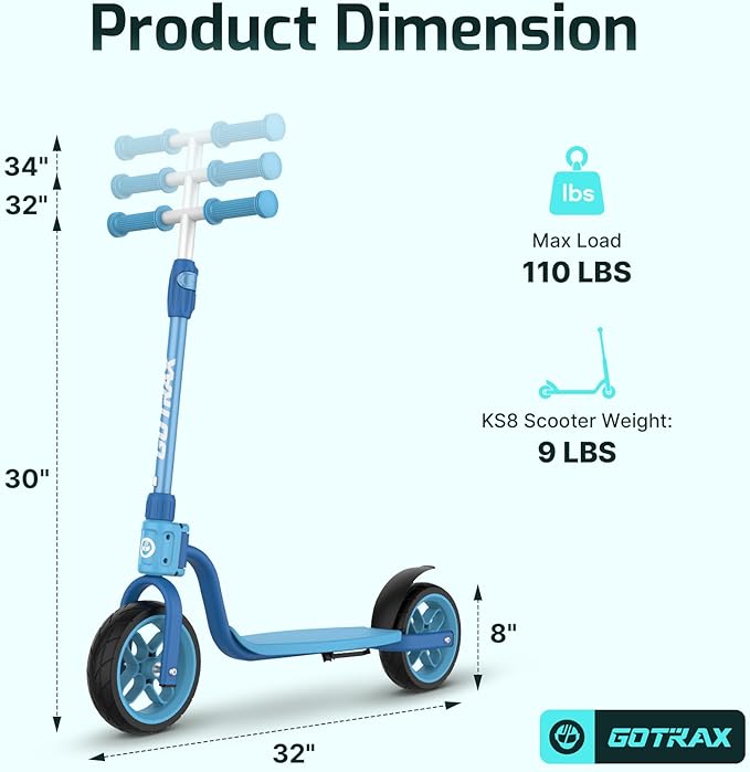 Gotrax KS8 Kick Scooter for Kids 5+, Large 8" Wheels and Height Adjustable Handlebar, Sturdy Wide Deck & Rear Brake, Detachable for Easy Storage, 2 Wheels Scooter for Kids, Teens, Gift for Boy & Girl