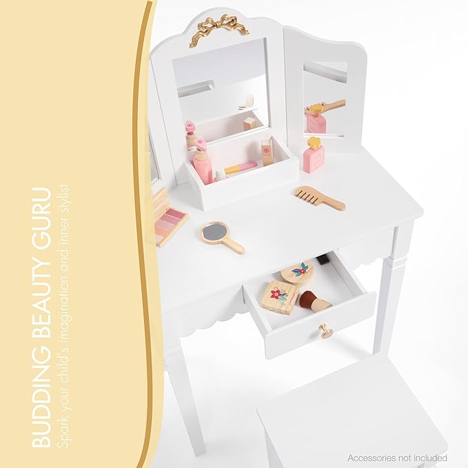 Spirich Pretend Play Kids Vanity Set with Mirror and Stool, Kids Make Up Vanity Desk for Little Girls, Children Makeup Dressing Table with Drawer