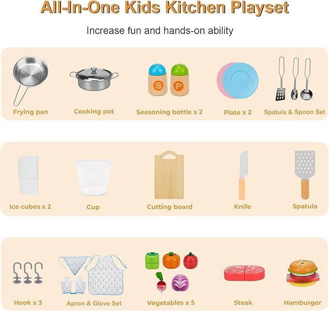 Play Kitchen for Kids Toddlers, Toy Kitchen Playset with Real Lights & Sounds, Wooden Play Kitchen with Cooking Set, Ice Maker, Microwave, Oven for Girls Boys Ages 3+