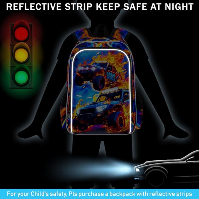 17" Monster Truck Backpack for Boy, 3Pcs Fire Bookbag for Elementary Preschool Kindergarten, Kids School Backpacks with Lunch Box (Red)