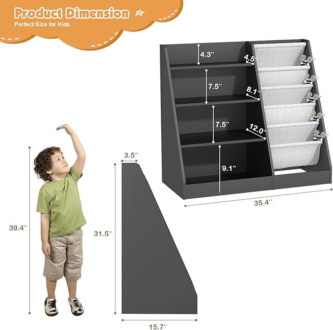 4 Tier Kids Bookshelf Wooden, Five Layer Sling Children Bookcase, Baby Toddler Storage Book Rack, Book and Toy Organizer Cabinet Chest, Book Display Shelf Stand, Playroom Nursery Classroom Library