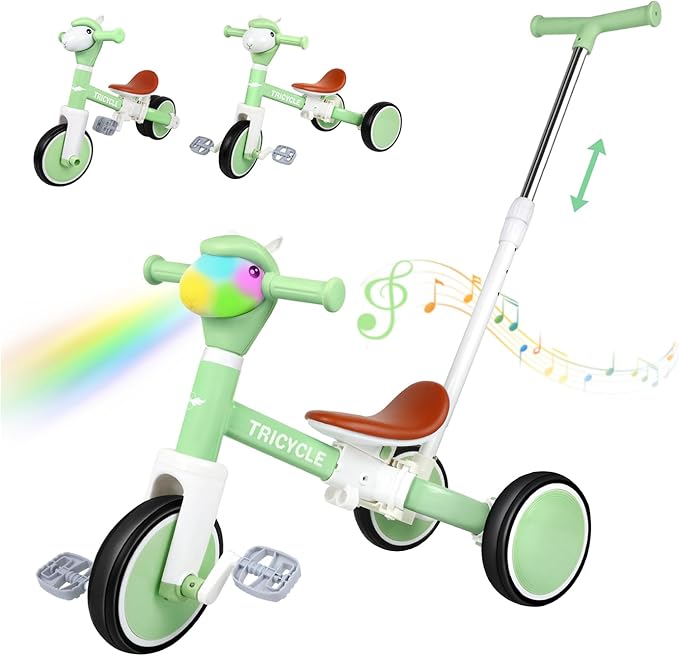 Tricycle for Toddlers 1-3 Year Olds, 5 in 1 Toddler Balance Bike 2-4 Years Old Boys Girls, Push Trike Toys with Adjustable Handle, Birthday Gifts for 2 3 4 5 Year Old Kids Bike (Green)