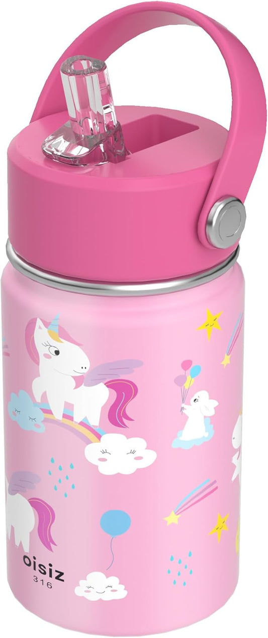 OISIZ Kids Water Bottle with Straw Lid 10oz, Vacuum Insulated 316 Stainless Steel Water Bottles for Kids for School, Leakproof Water Bottle, BPA Free and Keep Cold for 24 Hours