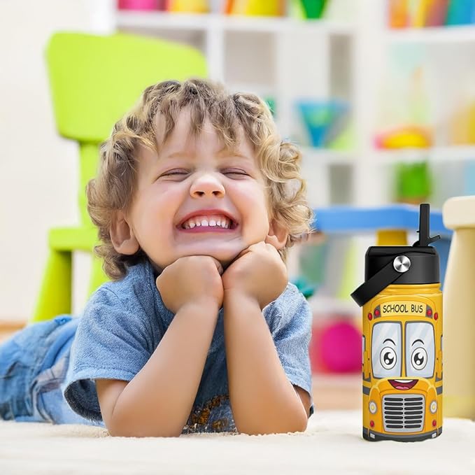 SANDJEST Kids Water Bottle with Straw Lid, Pack of 2 Insulated 12 Oz Stainless Steel Water Bottles for Boys, Travel Cup for School Sports, School Bus - Construction