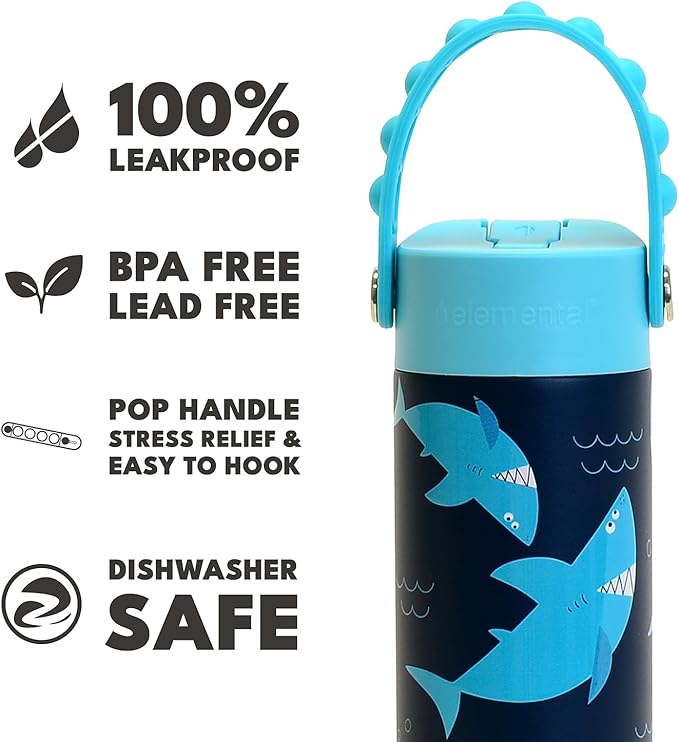 Elemental Insulated Kids Water Bottle, Stainless Steel Water Bottle with Straw Lid & Pop-It Handle, Leak-Proof Water Bottles for School, Boys or Girls, Travelling and Sports, 18oz - Sharks Ahoy