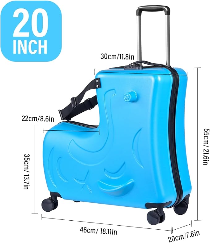 20 Inch Ride On Kids Suitcase with Wheels, Ride On Luggage with Pedal, Hardshell Kids Suitcase Adjustable Safe Harness, ABS+PC, Up To 100 Lbs, Blue