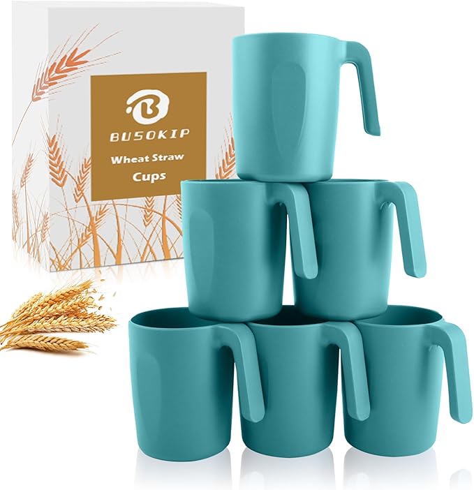 Coffee Mug 16 OZ, Wheat Straw Coffee Mugs Set of 6, Unbreakable Water Tumbler, Plastic Mugs with Handles, Microwave and Dishwasher Safe Camping Coffee Cups for RV, Outdoor Activities - Green