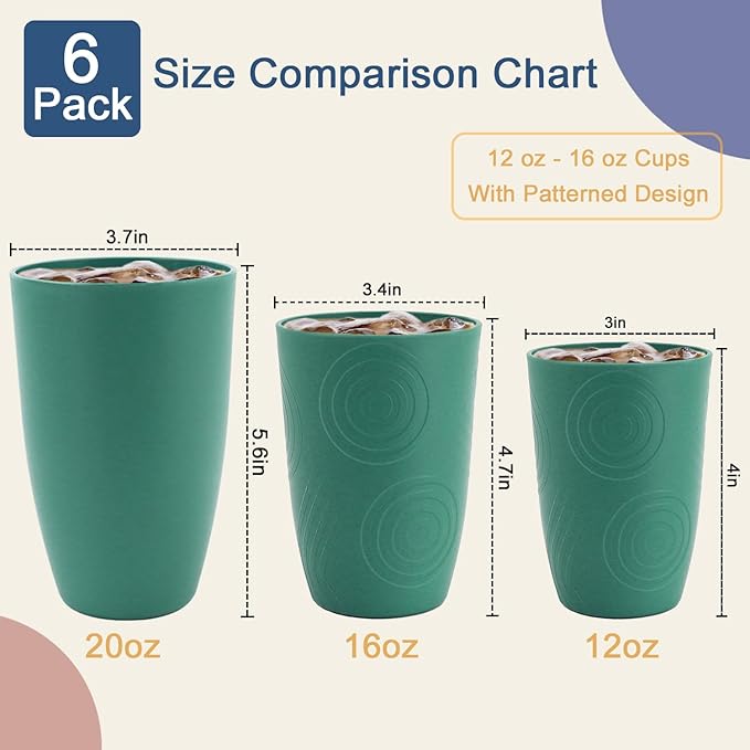 Drinking Cups Set Wheat Straw Cups 16 OZ - Reusable Water Cups Plastic Drinking Glasses 6 PCS Dishwasher Safe Cup Unbreakable Kitchen Cup for Camping, Outdoor Activities -Green