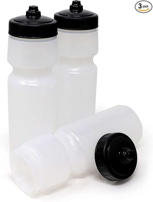Rolling Sands USA Made 24 oz Sports Squeeze Water Bottles, 3 Pack, BPA-Free, Easy Drink One Way Flow Valve, Fits Most Bike Cages, Dishwasher Safe, Durable, Reusable and Lightweight, Clear Frost