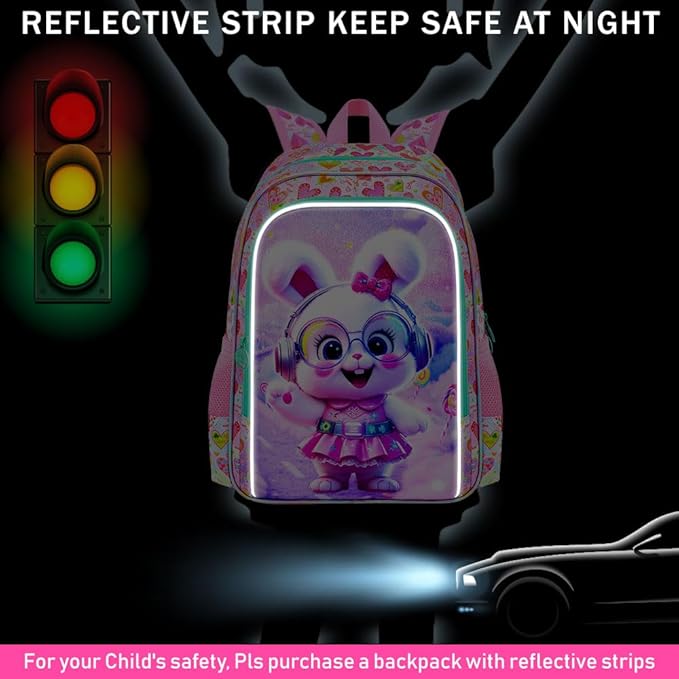 CCJPX 16" Bunny Backpack for Girls, 3Pcs Kids Bookbag with Lunch Box, Water Resistant Elementary School Bag for Kindergarten Preschool Toddler (Pink)