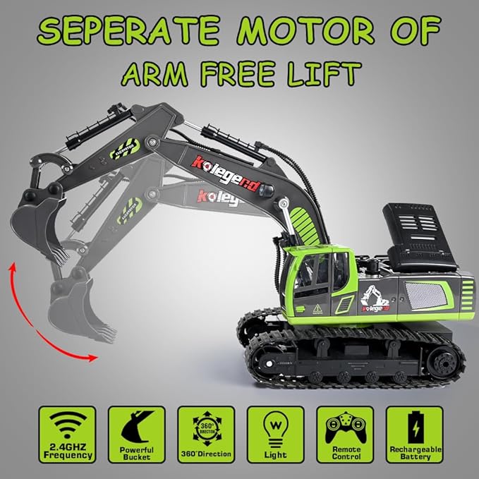 kolegend Remote Control Excavator Toy 16 Inch, 11 Channel RC Construction Vehicles Hydraulic Haulers Digger Toys Gift for 6 7 8 9 10 Years Old Kids Boys