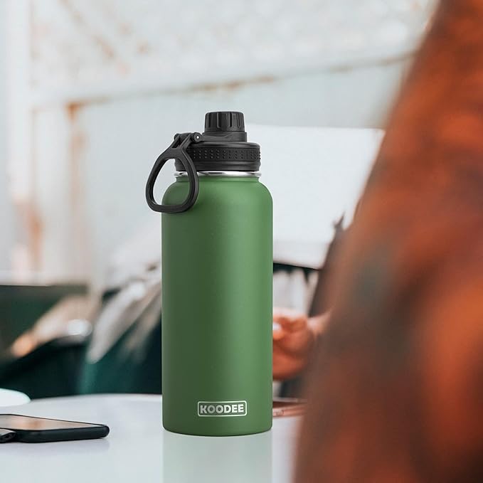 Koodee Insulated Water Bottle, 32 oz Stainless Steel Double Wall Vacuum Wide Mouth Sport Bottle with Leakproof Spout Lid (Grass Green)