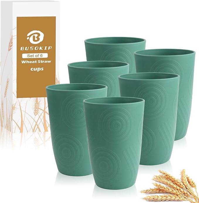 Drinking Cups Set Wheat Straw Cups 16 OZ - Reusable Water Cups Plastic Drinking Glasses 6 PCS Dishwasher Safe Cup Unbreakable Kitchen Cup for Camping, Outdoor Activities -Green