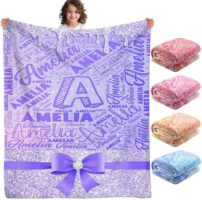 Custom Girl Blanket with Name Personalized Cute Ribbon Bow Blanket for Newborn Customized Soft Flannel Throw Blanket Memorial Gift for Toddler on Birthday Baby Shower Christmas