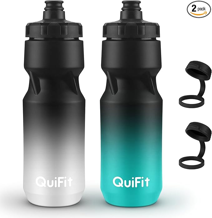 QuiFit Water Bottle for Bike 2-Pack, 24oz Squeeze &Plastic Water Bottles BPA Free, Lightweight Bike Accessories, with Dirt Cap, Fits Most Bicycle Holders (Black White+Black Green, 24 oz)