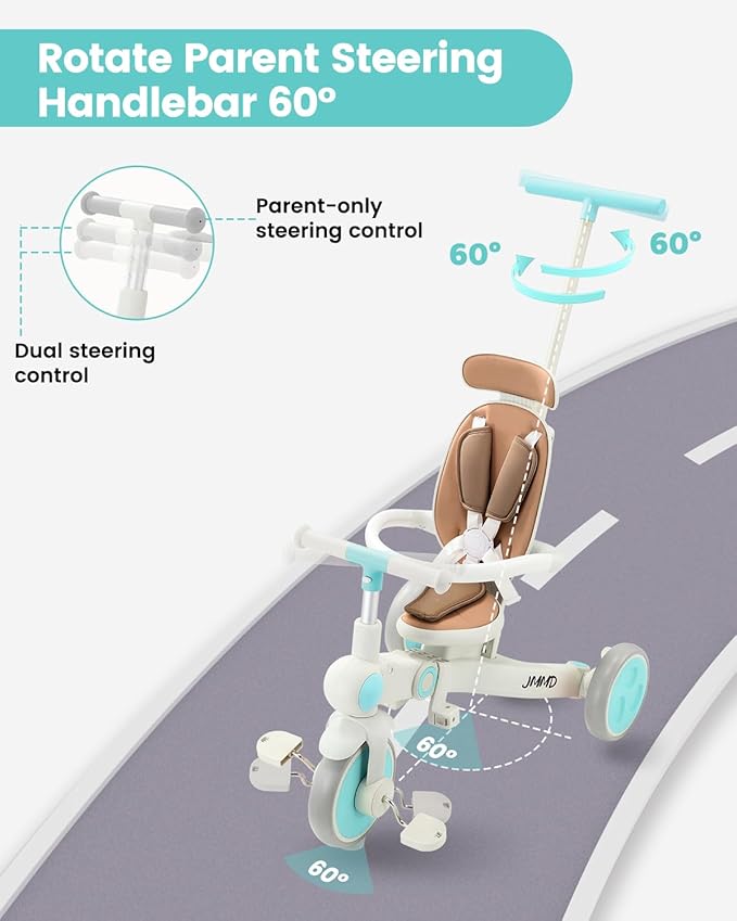 JMMD Baby Tricycle, 7-in-1 Multifunctional Kids Trike with Adjustable Parent Handle, Safety Harness & Wheel Brakes, Removable Canopy, Stroll Trike for Boys & Girls Ages 18 Months-5 Years, Mint