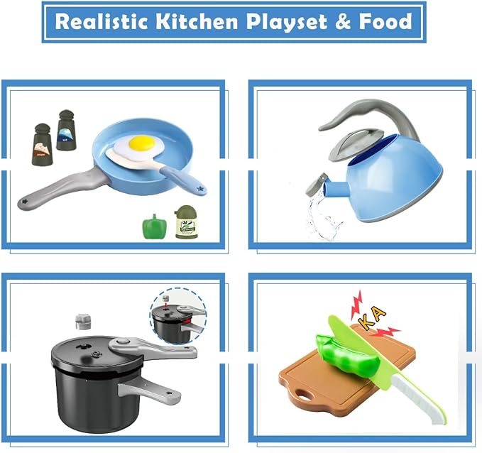 Bruvoalon 67Pcs Kids Play Kitchen Toys Set, Toddlers Pretend Cooking Playset Acccessories with Pots Pans, Utensils Cookware, Foods, Canned Veges, Learning Gift for Kids Girls Boys (White)