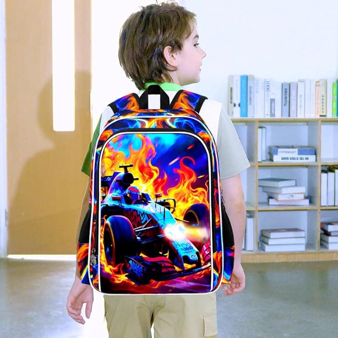 3Pcs Cars Backpack for Boy, 17" Hot Wheels Bookbag for Elementary Preschool Kindergarten, Kids Fire School Backpacks with Lunch Box (Red)