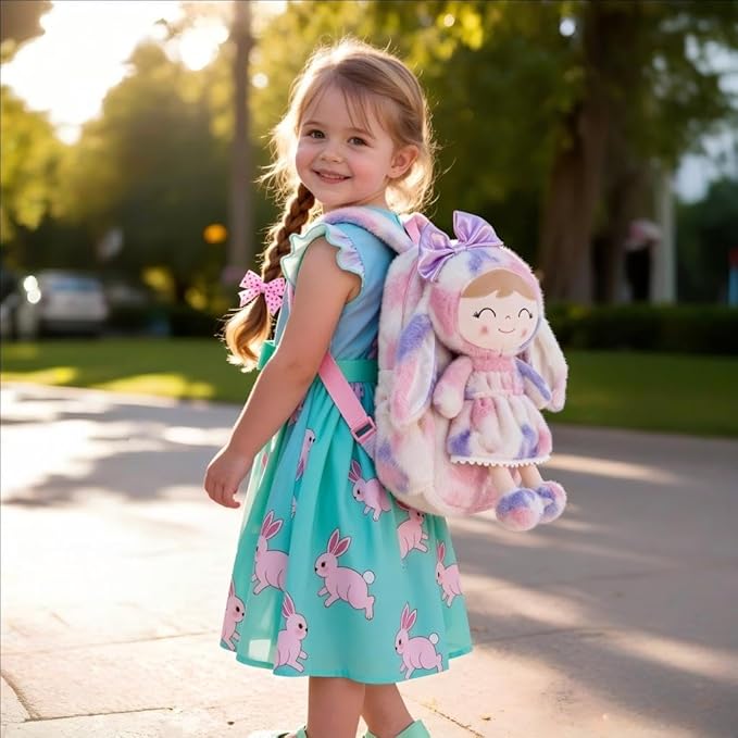 Gloveleya Back to School Gifts for Girls Backpack Plush Diaper Bag Detachabale Doll Tie-dye Purple and Soft Rabbit Design Aged 2+