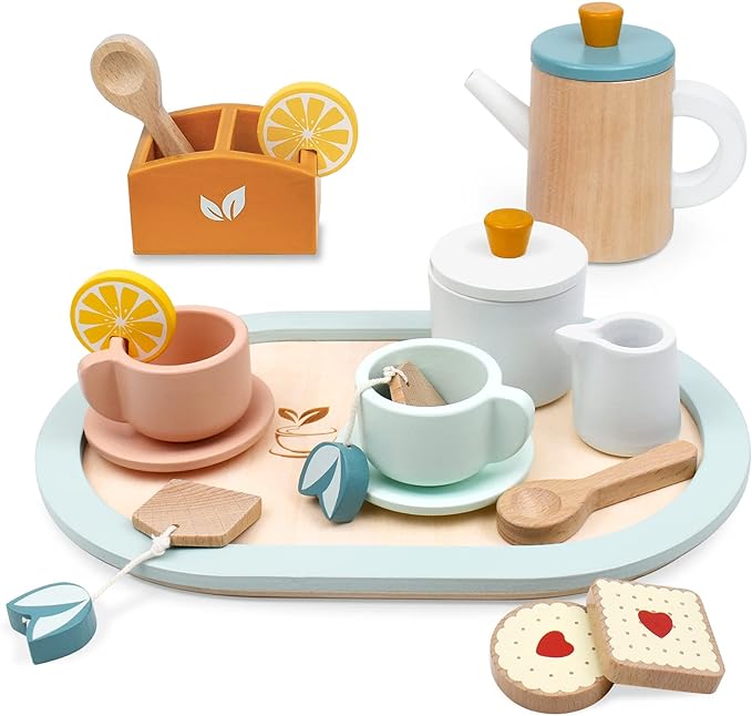 PairPear Wooden Tea Set for Little Girls, Wooden Toys Toddler Tea Set Play Kitchen Accessories for Kids Tea Party with Play Food