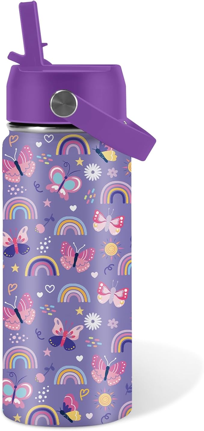 Butterfly Gifts - 16oz Purple Kids Water Bottle with Straw Lid, Stainless Steel Insulated Tumbler, Leakproof, BPA-Free, for Girls, School, Travel - Butterfly Rainbow Themed Birthday Gift Cup (1pc)