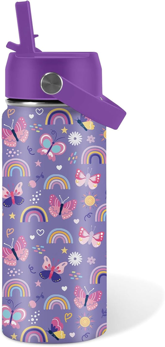 Butterfly Gifts - 16oz Purple Kids Water Bottle with Straw Lid, Stainless Steel Insulated Tumbler, Leakproof, BPA-Free, for Girls, School, Travel - Butterfly Rainbow Themed Birthday Gift Cup (1pc)