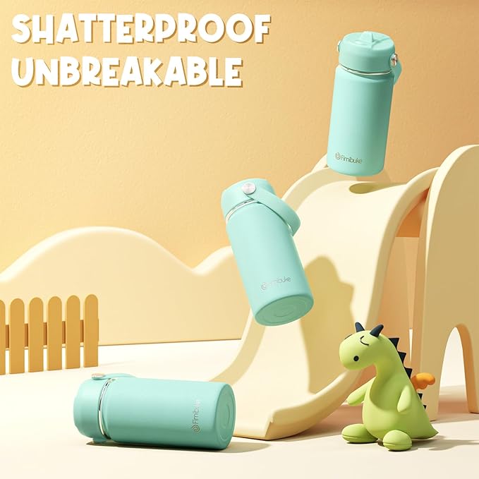 Fimibuke Kids Insulated Water Bottle, 14oz BPA FREE 18/8 Stainless Steel Travel Tumbler Double Wall Vacuum Leak Proof Kids Cup with Straw Metal Water Bottle for School Boys Girls(1 Pack, Mint)