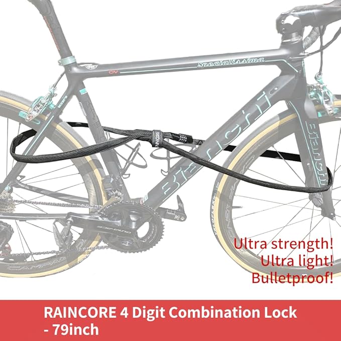 RAINCORE Light Weight Bike Cable Lock for Heavy Duti Anti Theft - 79 inch (200cm) - 0.47lb (216g) - Bike Chain Lock with Chain Cutter Proof Fiber - Patented Korea - Security Cable (79 inches)