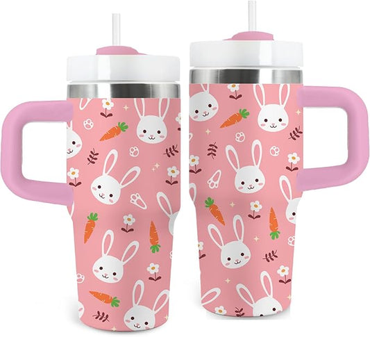 Rabbit Gifts for Kids - 14 Oz Pink Kids Tumbler with Handle and Straw, Stainless Steel Insulated Tumbler, Sweatproof, for Sports, School, Travel - Bunny Lovers Children Birthday Gifts Cups(1pc)