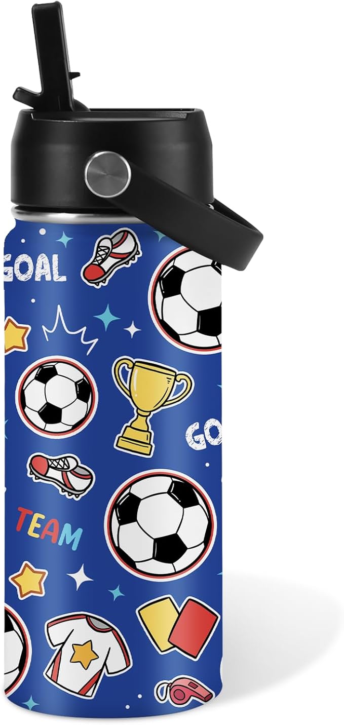 Soccer Gifts for Kids - 16 Oz Kids Water Bottle with Straw Lid, Stainless Steel Insulated Tumbler, Leak Proof, BPA-Free, for Girls, School, Travel - Soccer Lovers Children Birthday Gifts Cups(1pc)