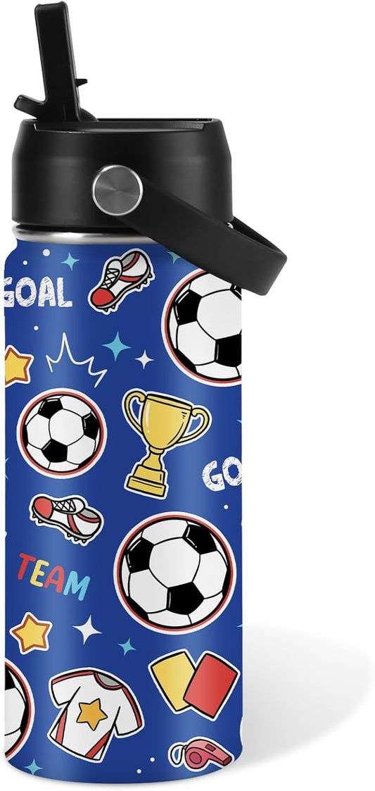 Soccer Gifts for Kids - 16 Oz Kids Water Bottle with Straw Lid, Stainless Steel Insulated Tumbler, Leak Proof, BPA-Free, for Girls, School, Travel - Soccer Lovers Children Birthday Gifts Cups(1pc)
