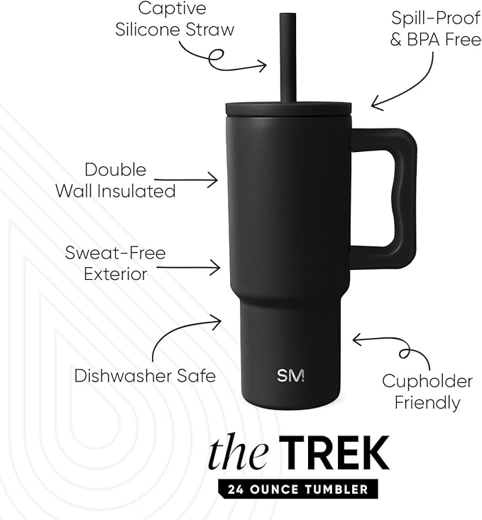 Simple Modern Kids 24 oz Tumbler with Handle and Silicone Straw Lid | Spill Proof and Leak Resistant | Reusable Stainless Steel Bottle | Gift for Kids Boys Girls | Trek Collection | Midnight Black