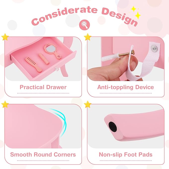 AKUSTIK Kids Vanity, 2 in 1 Wooden Dressing Table and Chair Set with Tri-Folding Mirror, Stool, Storage Drawer, Toddlers Pretend Princess Beauty Playset Toy for Girls