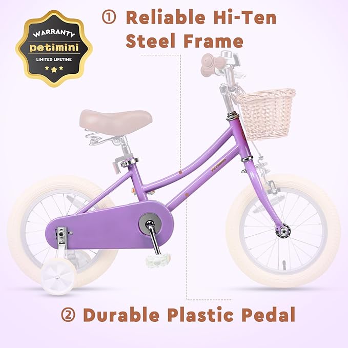 Petimini Girls Bike with Basket for 2-12 Years Old Kids, 12 14 16 18 20 Inch Bicycle with Bell Training Wheels Basket, Multiple Colors