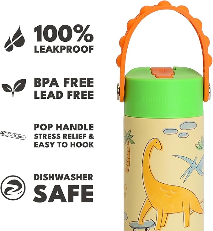 Elemental 100% Leak Proof When Spout is Closed Insulated Kids Water Bottle, Stainless Steel Bottle for School with Straw Lid & Pop-It Handle, Skater Dinos & Green Camo -18oz (2 Pack)