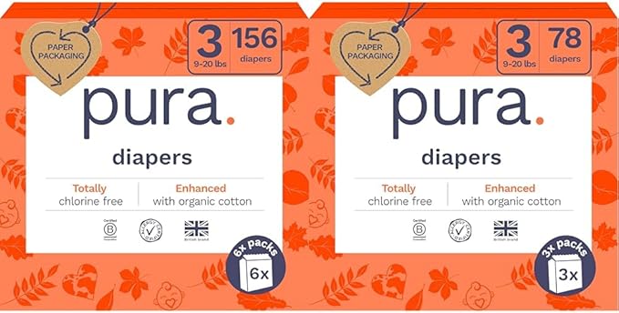 Pura Sensitive Skin Baby Diapers | Size 3 (9-20 lbs) | Bulk, Hypoallergenic, Totally Chlorine Free, Fragrance Free, | 9 Packs of 26 (234 Diapers)