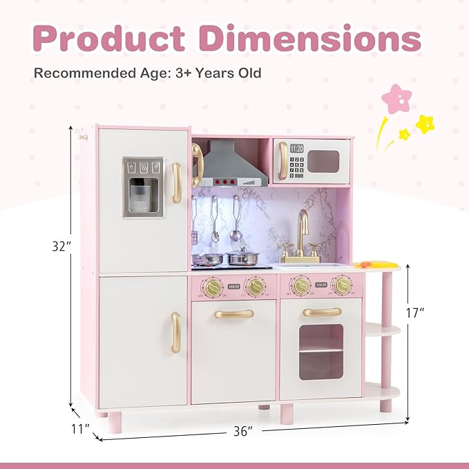 HONEY JOY Kids Kitchen Playset, Wooden Toy Kitchen Set with Lights & Sounds, Microwave, Ice Maker, Telephone, Range Hood, Cookware, Interactive Little Chef Pretend Play Kitchen for Toddlers (Pink)